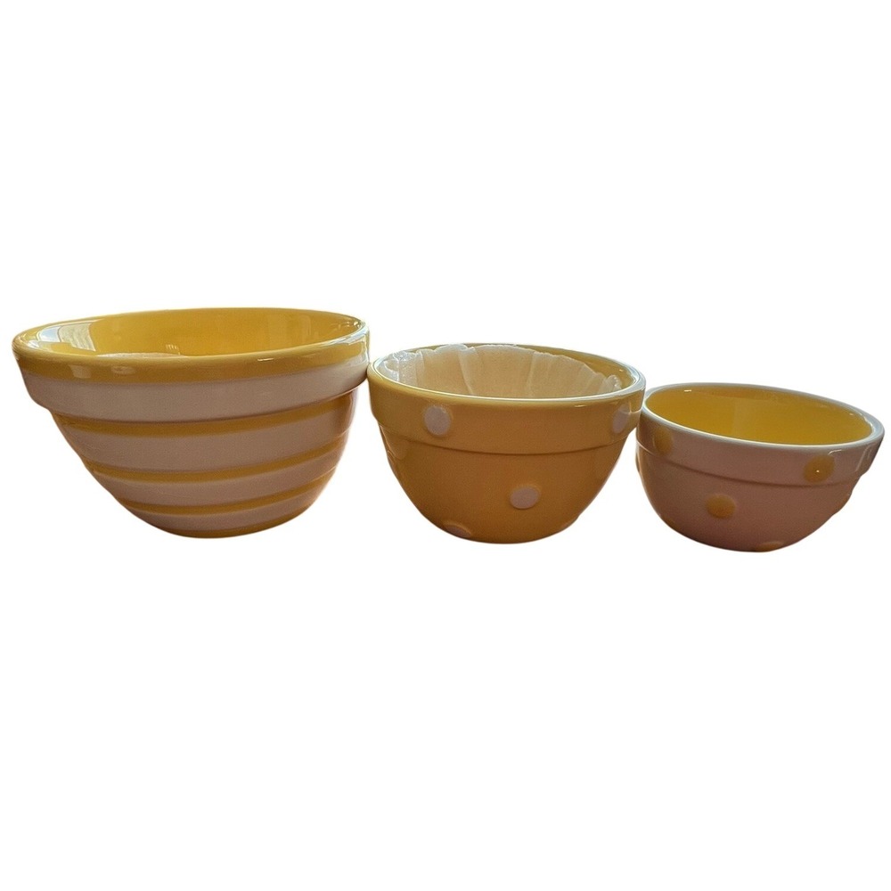 Grace's Pantry Mixing Bowl Set & Pitcher Yellow White Polka Dot Striped 4pc NWOT - Picture 3 of 10